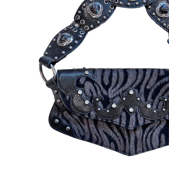 Black y2k leather fur zebra print rhinestone chain shoulder bag with fringe - Picture 3 of 4